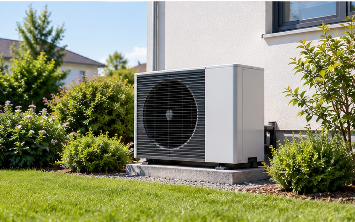 Wärmepumpe im Garten neben dem Haus