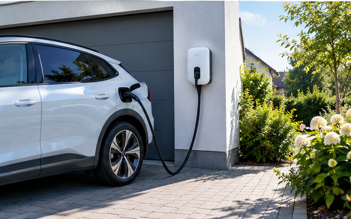 Elektroauto lädt an einer Wallbox an der Garage